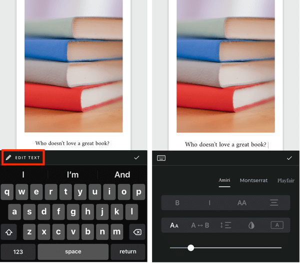 Create an Unfold Instagram story step 5 showing text edit options.
