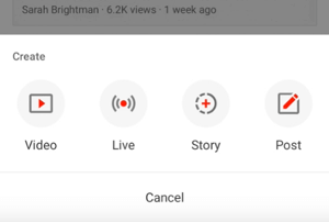 YouTube Create Story button.