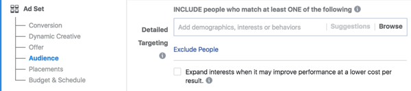 Create a list of all of the interests you want to target and group the interests into several categories.