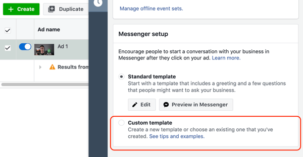 How to target warm leads with Facebook Messenger ads, step 10, messenger destination custom template option