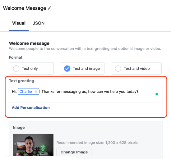 How to target warm leads with Facebook Messenger ads, step 12, messenger destination custom template personalization example