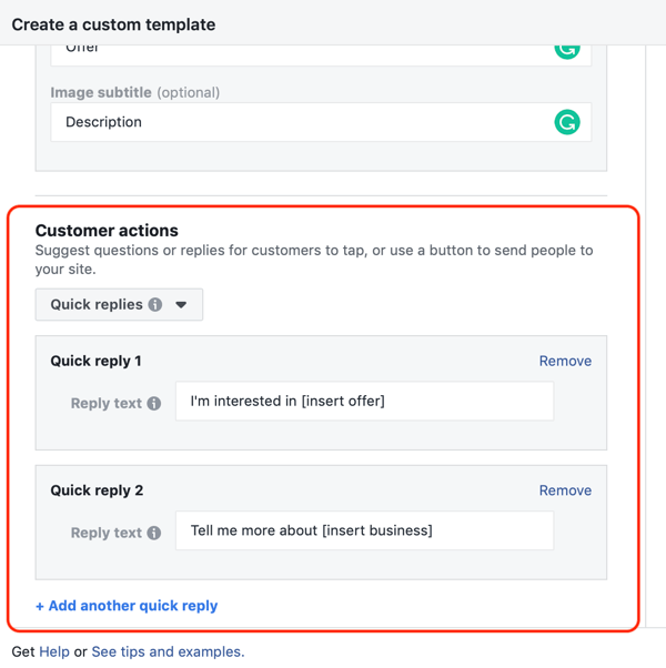 How to target warm leads with Facebook Messenger ads, step 13, messenger destination custom template customer actions sample options