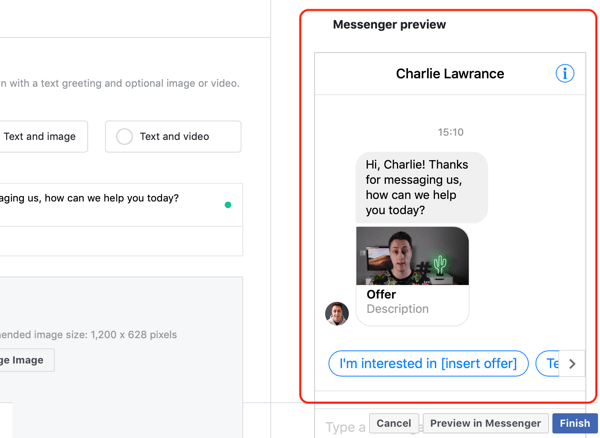 How to target warm leads with Facebook Messenger ads, step 14, messenger destination custom template preview