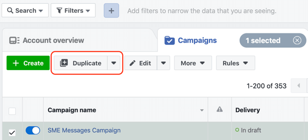 How to convert website visitors with Facebook Messenger ads, step 1, duplicate campaign