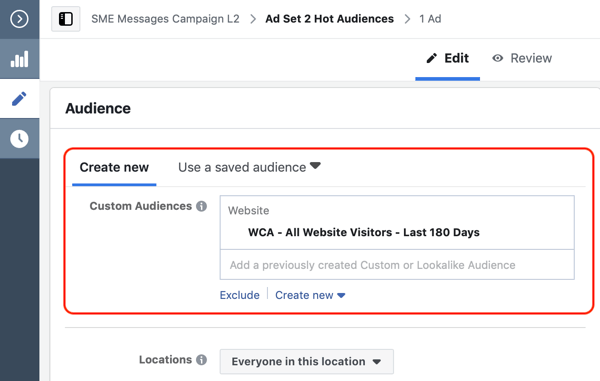 How to convert website visitors with Facebook Messenger ads, step 2, create website custom audience