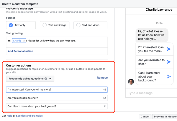 How to convert website visitors with Facebook Messenger ads, step 4, customer actions copy example
