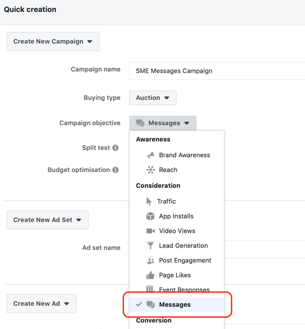 How to target warm leads with Facebook Messenger ads, step 2, messages as campaign objective