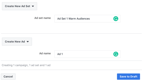 How to target warm leads with Facebook Messenger ads, step 3, ad and ad set name settings