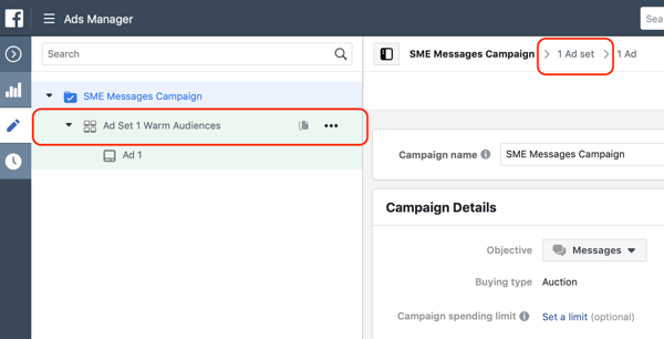 How to target warm leads with Facebook Messenger ads, step 4, navigate to ad set level