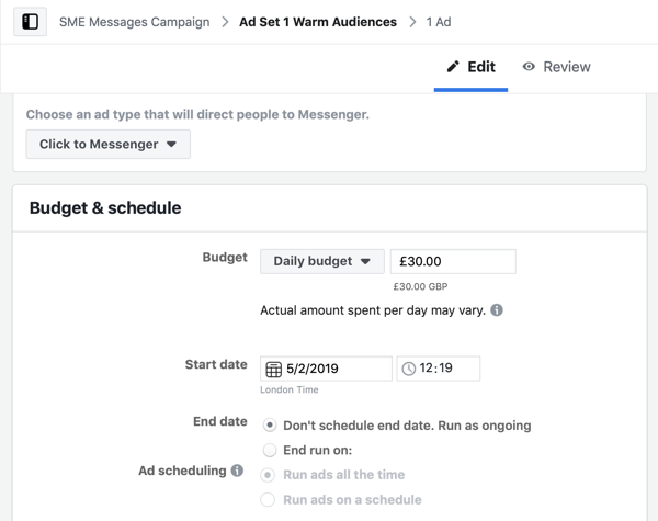 How to target warm leads with Facebook Messenger ads, step 5, budget and schedule settings