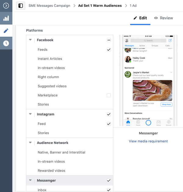 How to target warm leads with Facebook Messenger ads, step 7, platform placement settings