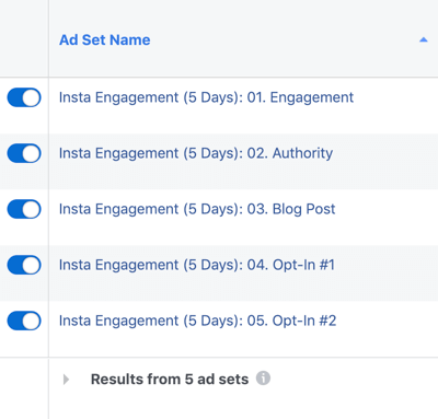 How to create and run a self-sustaining Instagram ad sequence for as little as $5 a day, create Instagram ad campaign, step 7, create 5 ad sets within campaign per content funnel