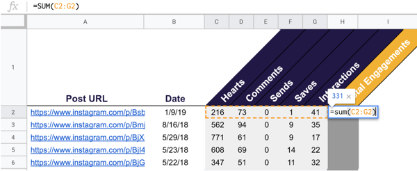 How to create and run a self-sustaining Instagram ad sequence for as little as $5 a day, create Instagram post engagement tracking spreadsheet, step 1, total engagements