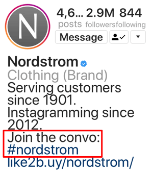 Example of proper hashtag use in an Instagram bio.