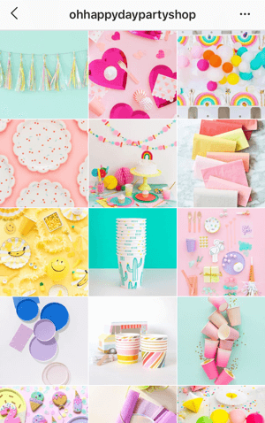 How to improve your instagram photos, Instagram feed theme sample from Oh Happy Day Party Shop showing a bright color palette