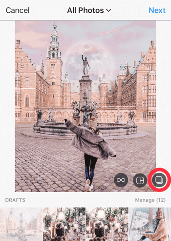 How to improve your instagram photos, step 1, multiple-shot post button on Instagram