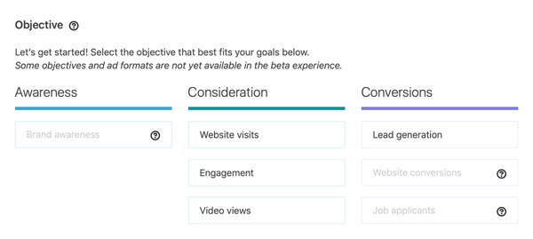 How to create LinkedIn objective-based ads, objective-based campaign options