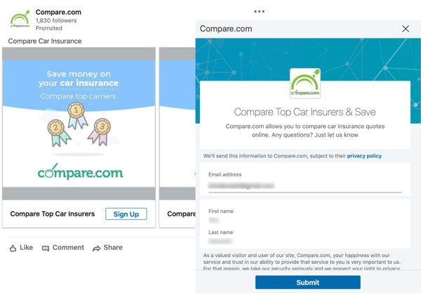 How to create LinkedIn objective-based ads, sponsored lead generation ad by Compare.com