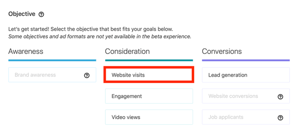 How to create LinkedIn objective-based dynamic ad, step 1, Website visits campaign objective