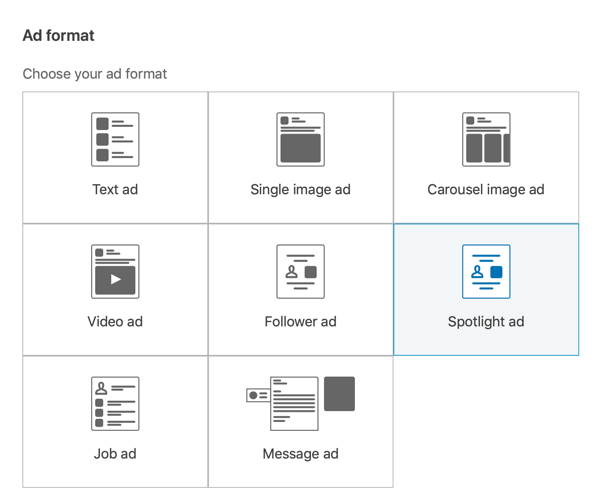 How to create LinkedIn objective-based dynamic ad, step 2, set spotlight ad format