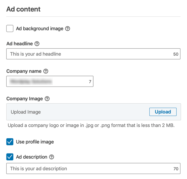 How to create LinkedIn objective-based dynamic ad, step 3, set ad headline, company name, and description