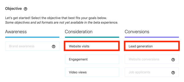 How to create LinkedIn objective-based sponsored InMail ad, step 1, Website visits or Lead generation campaign objectives