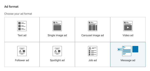 How to create LinkedIn objective-based sponsored InMail ad, step 2, set message ad format