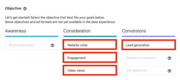 How to create LinkedIn lead generation carousel ad, step 1, campaign objective options