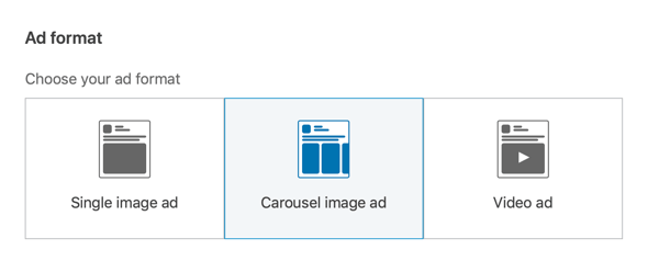 How to create LinkedIn lead generation carousel ad, step 2, set carousel ad format