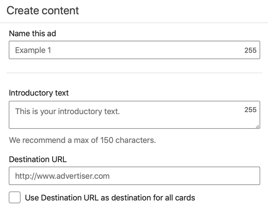 How to create LinkedIn lead generation carousel ad, step 3, set ad name, text and url