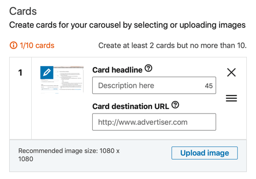 How to create LinkedIn lead generation carousel ad, step 5, set ad headline and destination url