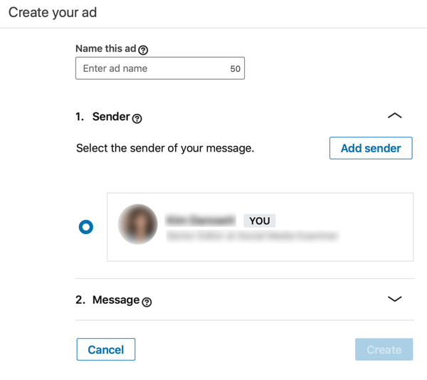 How to create LinkedIn objective-based sponsored InMail ad, step 3, set ad name and sender