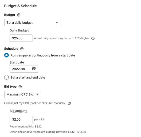 How to create LinkedIn text ad, step 10, ad budget and schedule settings
