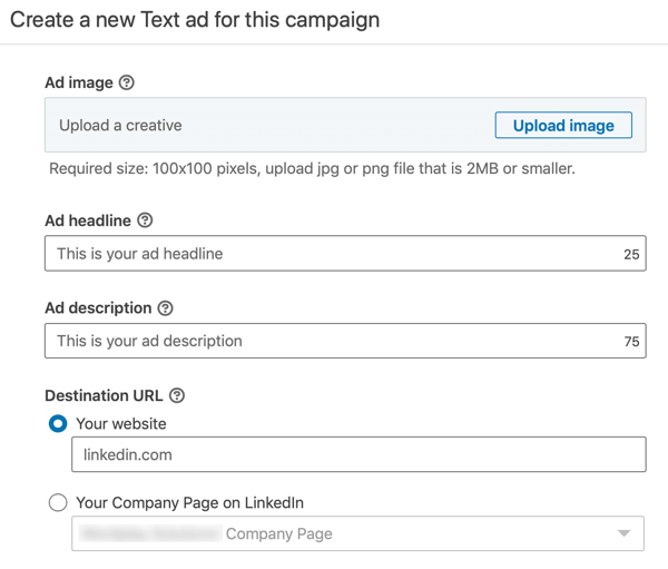 How to create LinkedIn text ad, step 12, ad text settings