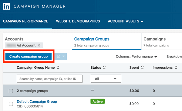 How to create LinkedIn text ad, step 2, Create campaign groups