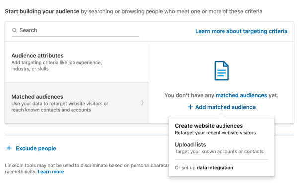 How to create LinkedIn text ad, step 6, Start building your audience, matched audiences option