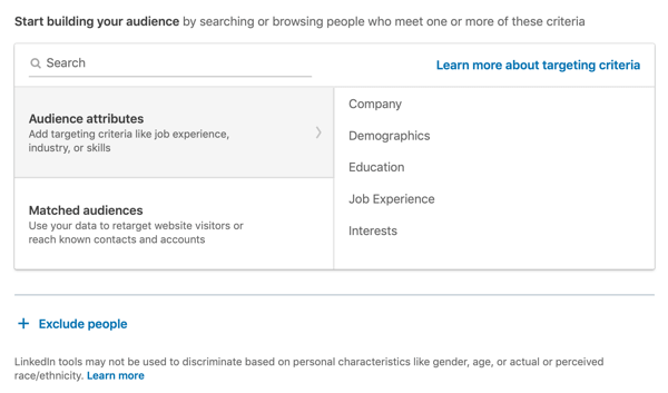 How to create LinkedIn text ad, step 7, Start building your audience, audience attributes option