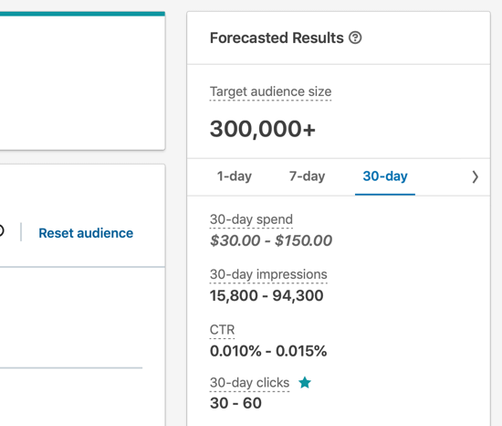 How to create LinkedIn text ad, step 8, campaign audience reach Forecasted Results