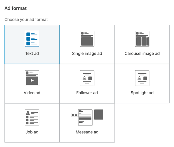 How to create LinkedIn text ad, step 9, ad format options