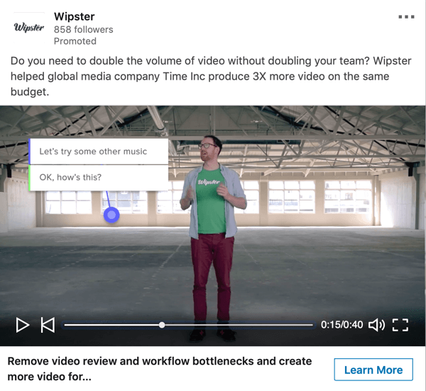 How to create LinkedIn objective-based ads, sponsored video ad sample by Wipster