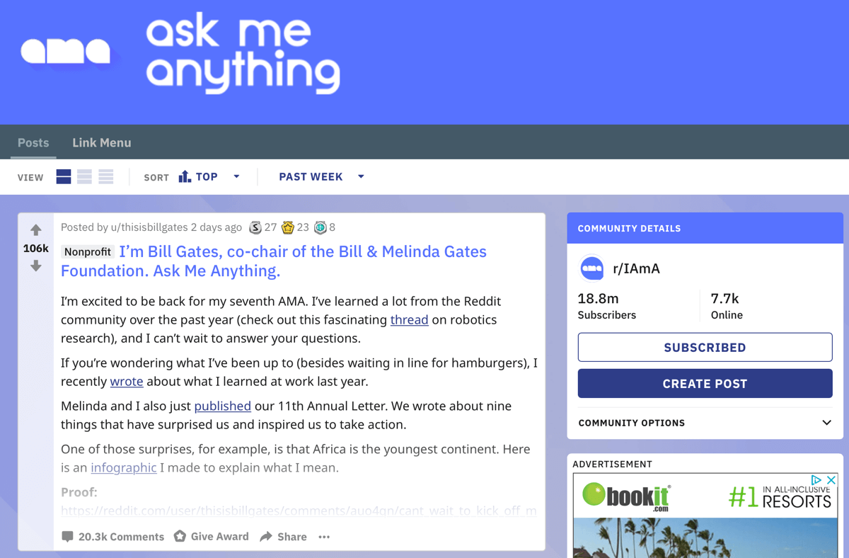 How to market your business on Reddit, example image post from subreddit r/IAmA