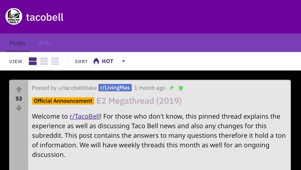 How to market your business on Reddit, successful marketing example pinned post on r/TacoBell discussing community guidelines