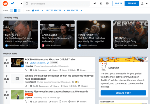 How to market your business on Reddit, example of Reddit home page and trending content feeds