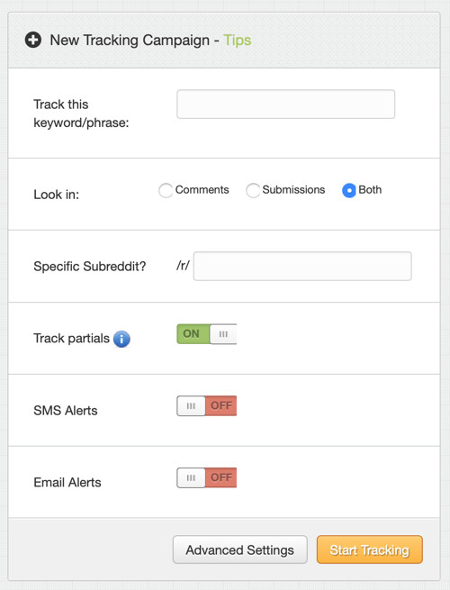 How to market your business on Reddit, create brand Reddit presence step 1, new TrackReddit tracking campaign