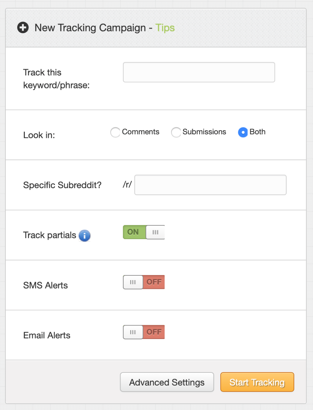 How to market your business on Reddit, create brand Reddit presence step 1, new TrackReddit tracking campaign