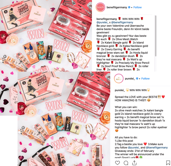 How to recruit paid social influencers, example of matching Instagram influencer contest posts from @benefitgermany and @purelei_