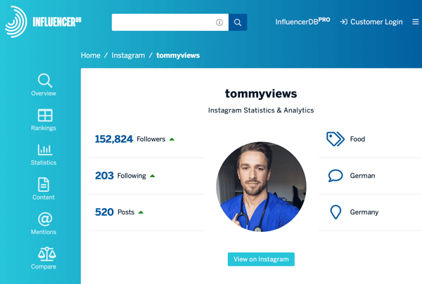 How to recruit paid social influencers, example of InfluencerDB profile for tommyviews