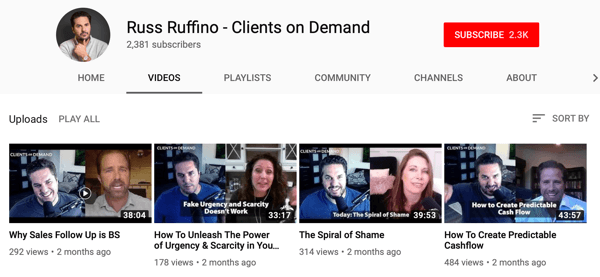 Ways for B2B businesses to use online video, Russ Ruffino sample YouTube channel of interview videos