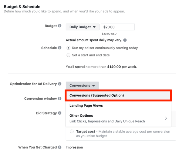 Tips to lower your Facebook Ad costs, option to optimize ad delivery for conversions