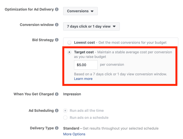 Tips to lower your Facebook Ad costs, option to set bid strategy to target cost